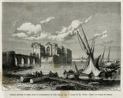 Het maritieme kasteel van Sidon voor het bombardement van 1840. Gravure van Th. Weber, ter illustratie van het verhaal La Syria d