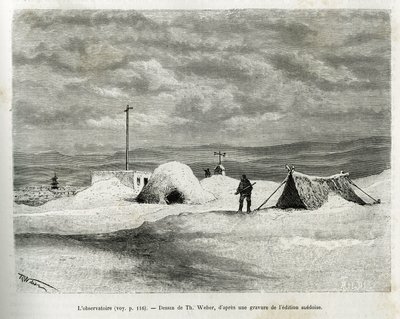 Het meteorologisch observatorium werd geïnstalleerd aan de baai van Koljutschin (poolcirkel), terwijl het schip La Vega vastzat in het ijs en de bemanning zich voorbereidde op de overwintering. Gravure door Th. Weber, ter illustratie van het verhaal 