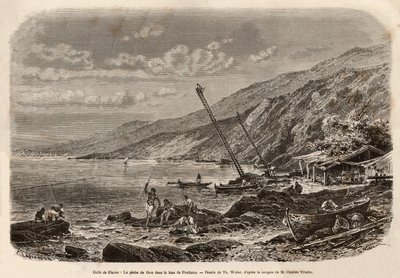 Tonijnvissen in de Proelucca-baai (Golf van Fiume of Rijeka, Istrië), de uitkijk van de visbanken zit op hoge schalen en vertelt de vissers van hun team of gooit hun netten langs de kust. Gravure naar de tekening van T. Weber, ter illustratie van een verha door Theodore Weber
