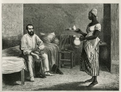 Portret van de auteur en reiziger, bij het ontwaken, bediend met koffie in zijn kamer door een jonge Haïtiaanse vrouw, gravure door T. Wust, illustratie van het verhaal La republique d