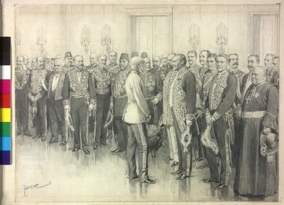 De keizer spreekt met de Duitse ambassadeur Philipp zu Eulenburg-Hertefeld door Theodore Zasche