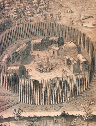 Een versterkt Indiaans kamp in Virginia door Theodore de Bry