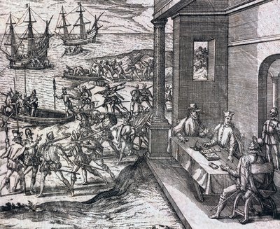 Overeenkomst tussen Francisco Pizarro, Diego de Almagro en Hernando de Luque om Peru te verkennen en exploiteren door Theodore de Bry