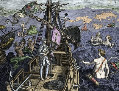 Allegorie van de reizen van Christopher Columbus (1451-1506), gravure uit 