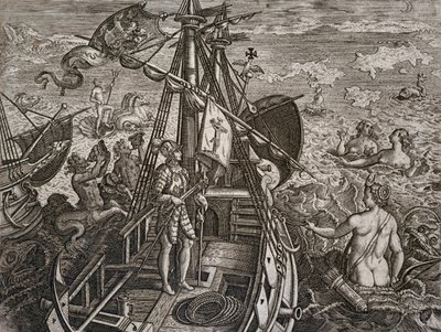 Allegorie van de reis van Christoffel Columbus naar de ontdekking van de Nieuwe Wereld, gravure door Theodor de Bry door Theodore de Bry