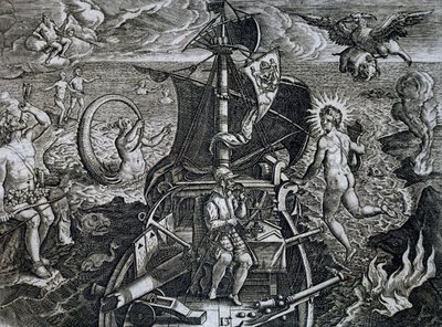 Allegorie van de reizen van Ferdinand Magellan, gravure door Theodore de Bry