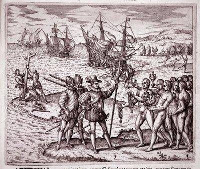 Aankomst van Christoffel Columbus op het eiland Hispaniola in de West-Indië (Gravure) door Theodore de Bry