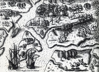 Aankomst van de Fransen in Port Royal in 1564, gravure door Theodore de Bry