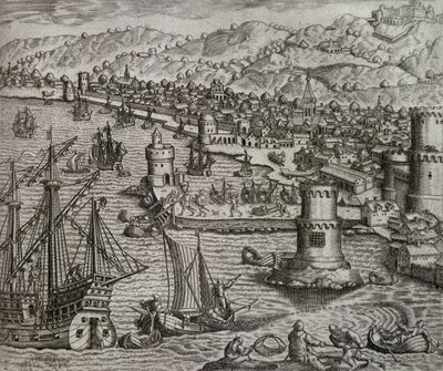 Aankomst van Girolamo Benzoni in de haven van Las Palmas tijdens zijn reis naar Amerika, Canarische Eilanden, gravure door Theodor de Bry door Theodore de Bry