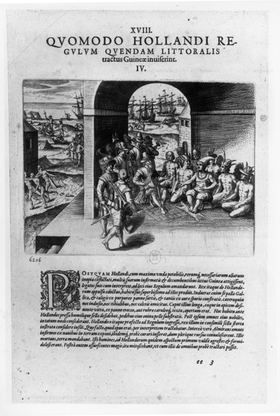 Aankomst van de Nederlandse leiders in Guinee: De onderhandeling voor de aankoop van slaven bestemd om terug te worden verkocht aan de Spaanse conquistadores, uit "Petits Voyages" door Theodore de Bry