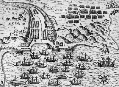 Aanval op Santiago op 27 november 1585 (gravure) door Theodore de Bry