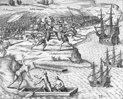 Slag op Jamaica tussen Christoffel Columbus en Francisco Poraz, 1504-1631 door Theodore de Bry
