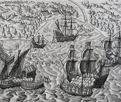 Slag voor de stad Matical in de Baai van Bengalen, gravure uit Indiae Orientalis, door Theodor de Bry door Theodore de Bry