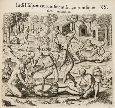 Omdat de Spanjaarden dorsten naar goud, gieten de Indianen vloeibaar goud in hen. Uit: Americae pars qv door Theodore de Bry