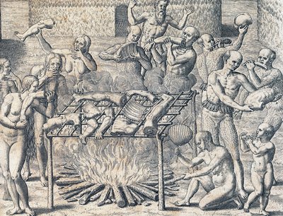 Kannibalisme van stammen in het binnenland van Brazilië, gravure uit American History door Theodore de Bry