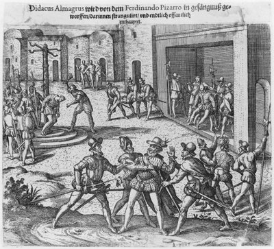 Gevangenneming, proces en executie van Diego de Almagro in opdracht van Francisco Pizarro door Theodore de Bry