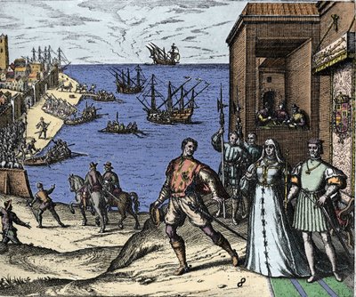 Christoffel Columbus en de Pinzon-broers verlaten de haven van Palos in Spanje op 03/08/1492 naar de Nieuwe Wereld. Rechts de koning en koningin van Portugal, katholiek Ferdinand II van Aragon en Isabella I van Castilië. Gravure door Theodore de Bry in "Ad door Theodore de Bry