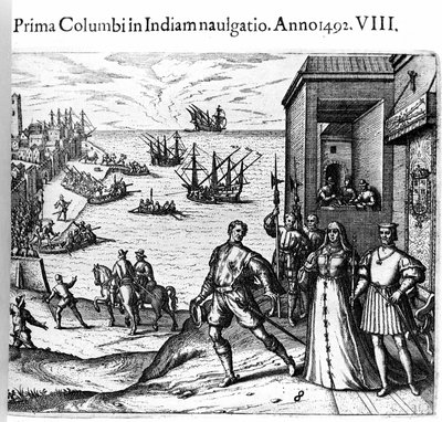 Christoffel Columbus en de Pinzon-broers verlaten de haven van Palos in Spanje op 03/08/1492 naar de Nieuwe Wereld. Rechts de koning en koningin van Portugal, katholiek Ferdinand II van Aragon en Isabella I van Castilië. Gravure door Theodore de Bry in "Ad door Theodore de Bry