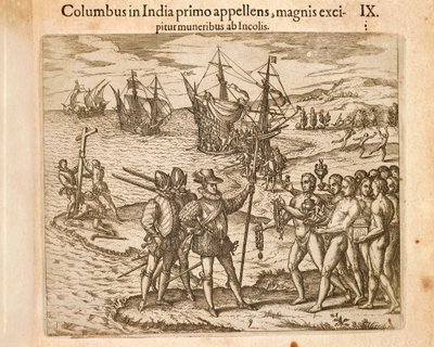 Christoffel Columbus landt op het eiland Guanahani (San Salvador) 12 oktober door Theodore de Bry