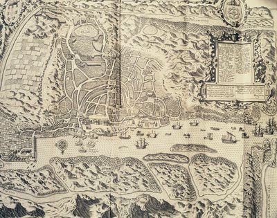 Stad Goa in India, gravure door Theodor de Bry uit reisverslag van Jan Huyghen van Linschoten naar Portugees Oost-Indië 1579-1592, 16e eeuw door Theodore de Bry