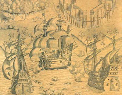 Botsing tussen Franse en Portugese schepen in de Atlantische Oceaan om bezit van Brazilië door Theodore de Bry