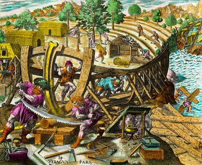 Bouw van een boot voor de Spaanse navigator Vasco Núñez de Balboa (1475-1517). Gravure uit 