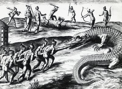 Krokodillenjacht in Florida, naar schilderij van Jacques le Moyne de Morgues, door Theodor de Bry, gravure door Theodore de Bry