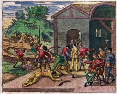 Wreedheid van de Spaanse kolonisten jegens de Indianen, Mexico, c.1550 door Theodore de Bry