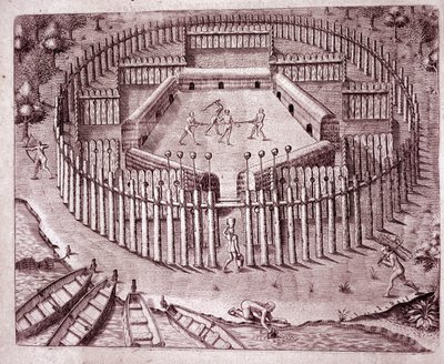 Verdedigingssysteem van de indianenhutten door een dubbele rij boomstammen eromheen te planten. De afgehakte hoofden van vijanden worden bovenop geplaatst (Gravure) door Theodore de Bry