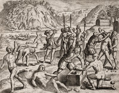 Beschrijving van misdaden begaan tegen Indianen door Spaanse kolonisten - Conquistadores die een Indiaans dorp afslachten. Amputaties van handen - Gravure door Theodore de Bry in "Narratio regionum indicarum per Hispanos quosdam devastatarum verissima" doo door Theodore de Bry