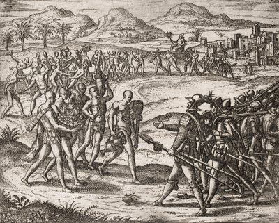 Beschrijving van misdaden begaan tegen Indianen door Spaanse kolonisten - Indianen brengen geschenken en goud naar de Conquistadores - Gravure door Theodore de Bry in 