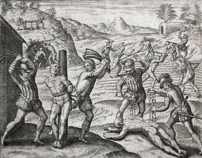 Beschrijving van misdaden begaan tegen Indianen door Spaanse kolonisten - Spanjaarden martelen Indianen - Gravure door Theodore de Bry in 