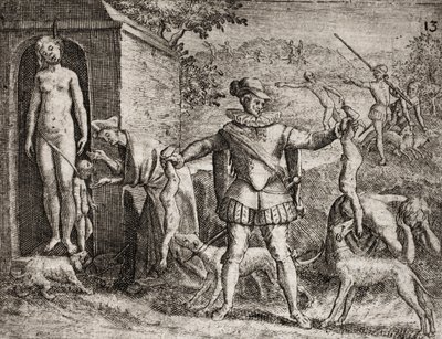 Beschrijving van misdaden begaan tegen Indianen door Spaanse kolonisten - Spaanse conquistadores die Indiase vrouwen en kinderen afslachten. Ophanging. Kinderen geworpen aan de honden - Gravure door Theodore de Bry in "Narratio regionum indicarum per Hispa door Theodore de Bry