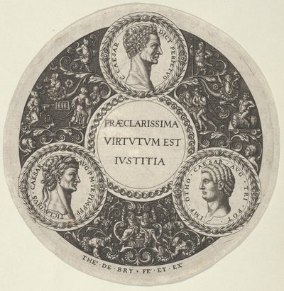 Ontwerp voor een schaal met portretten van de Romeinse keizers Caesar, Claudius en Otho, ca. 1588 door Theodore de Bry