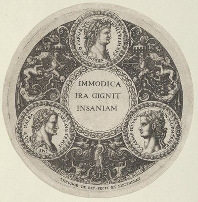 Ontwerp voor een schaal met portretten van de Romeinse keizers Nero, Galba en Caligula, ca. 1588 door Theodore de Bry