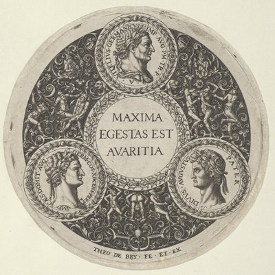 Ontwerp voor een schaal met portretten van de Romeinse keizers Vitellius, Domitianus en Augustus, ca. 1588 door Theodore de Bry