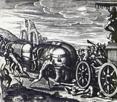 Toegewijden worden verpletterd door wagen tijdens processie van idool, door Theodor de Bry, gravure door Theodore de Bry