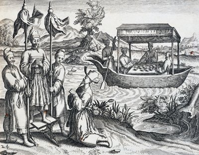Straat van hoogwaardigheidsbekleders, uit reis ondernomen door Jan Huyghen van Linschoten (1563-1611) tussen 1583 en 1592, gravure uit India Orientalis door Theodor de Bry (1528-1598), China door Theodore de Bry