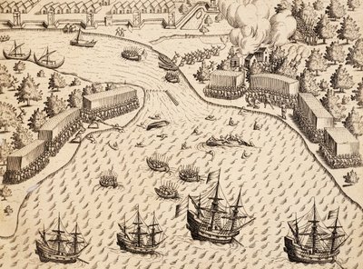 Nederlanders arriveren op Madura-eiland, Java, gravure uit India Orientalis door Theodore de Bry