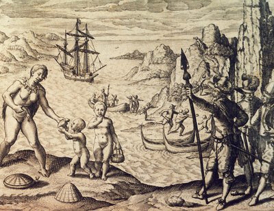 Nederlandse kapitein Sebalt de Weert landt aan de kust van Guiana, uit Historia americae, door Theodor de Bry, Frankfurt door Theodore de Bry
