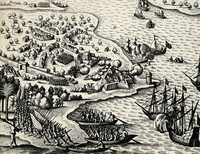 Nederlandse expeditie langs de kust van Mozambique, gravure uit India orientalis door Theodore de Bry
