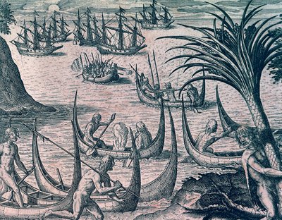 Nederlandse schepen in Straat Magellaan, gravure uit American History door Theodore de Bry, Frankfurt door Theodore de Bry