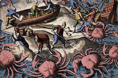 Europese zeevaarders vechten tegen grote krab. Gravure uit "Petities voyages aux Indes Orientales" door Theodore de Bry door Theodore de Bry