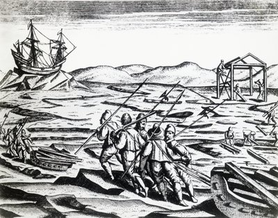 Expeditie geleid door Willem Barentsz op zoek naar de Noordoostelijke Doorvaart, uit Peregrinationes, gravure door Theodore de Bry
