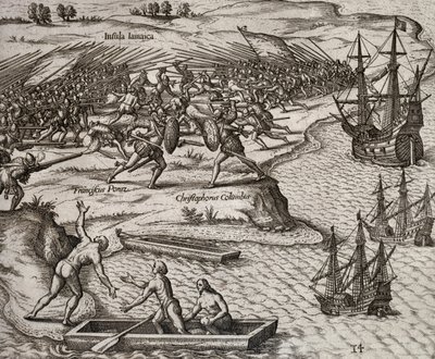 Gevecht tussen Christoffel Columbus en Francesco Poresio in Jamaica, gravure door Theodor de Bry (1528-1598) door Theodore de Bry