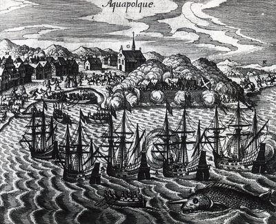 Vloot van galeien in de haven van Acapulco, door Theodor de Bry, gravure door Theodore de Bry