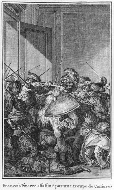 Francisco Pizarro vermoord door een leger van samenzweerders, 1541 door Theodore de Bry