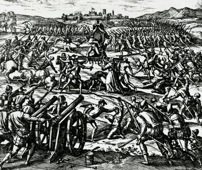Troepen van Francisco Pizarro nemen Inca-keizer Atahualpa gevangen tijdens de Slag bij Cajamarca, 16 november door Theodore de Bry
