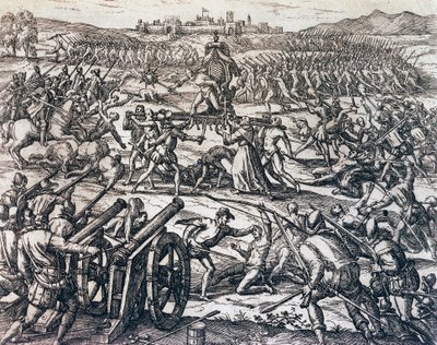Troepen van Francisco Pizarro (circa 1475-1541) vangen Inca-keizer Atahualpa tijdens de Slag bij Cajamarca, 16 november door Theodore de Bry