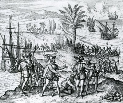 Francisco de Bobadilla arriveert als Gouverneur en arresteert Christoffel Columbus (1451-1506) in Hispaniola, 1500, 1590 door Theodore de Bry
